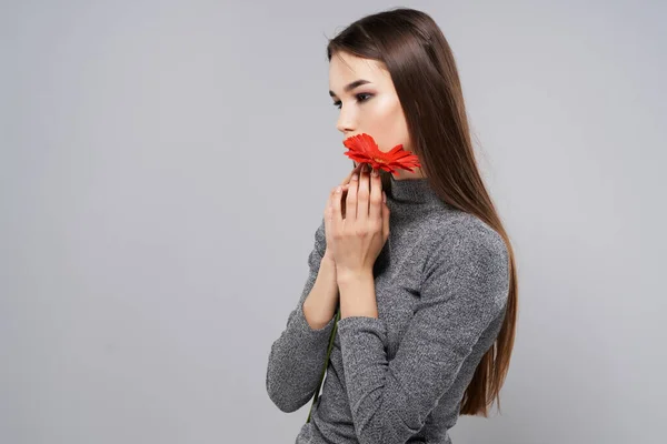 Lány Fényes Smink Gazdaság Piros Virág — Stock Fotó