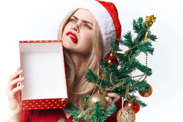Noel Baba kostümü giyen bir kadın dekorasyon yaşam tarzını hediye ediyor. — Stok fotoğraf