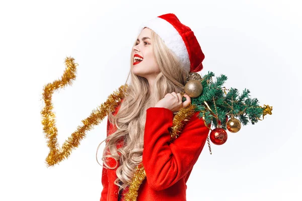 Femme portant santa costume décoration vacances Noël lumière fond — Photo