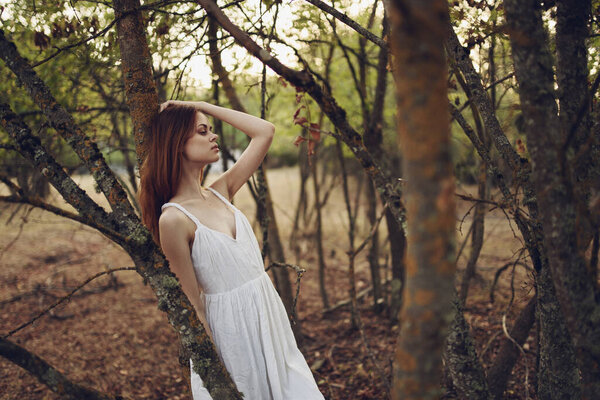 Pretty woman in white dress forest nature walk vacation. High quality photo
