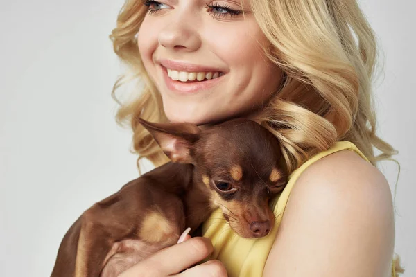 blonde in a yellow dress fun a small dog cropped view fashion