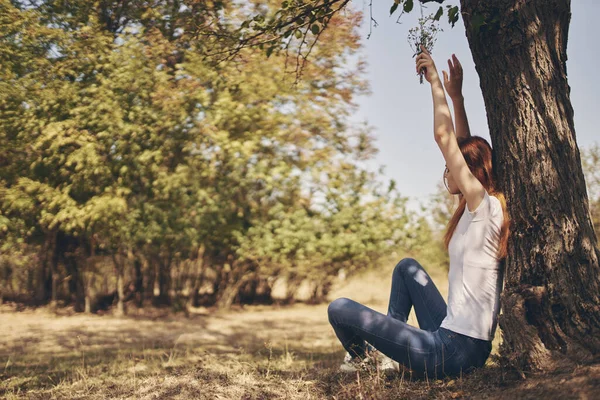 Hezká žena venku u stromu slunce svoboda cesta — Stock fotografie