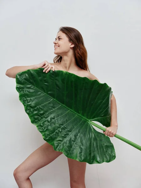 Glad kvinna med en naken kropp ett stort grönt löv i händerna ljus bakgrund — Stockfoto