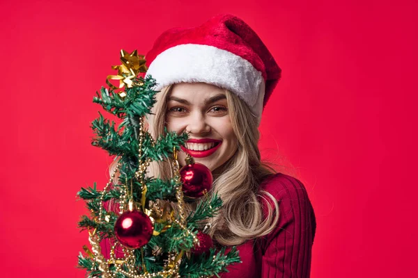 感情的な女性のクリスマスの装飾休日ピンクの背景 — ストック写真
