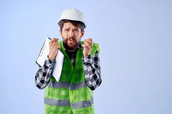 Male worker with documents and drawings blueprints studio industry — Stock Photo, Image
