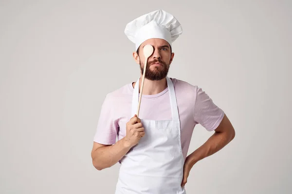 Male chef in white apron professional kitchen work — Stock Photo, Image