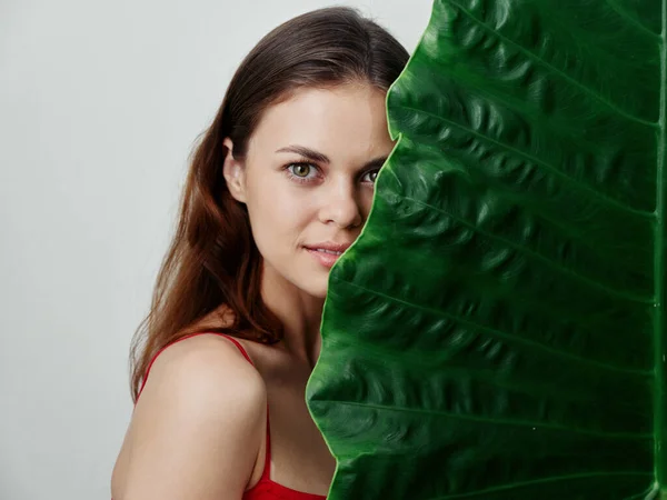 Mujer en traje de baño rojo hoja verde cubrir su cara primer plano estudio —  Fotos de Stock