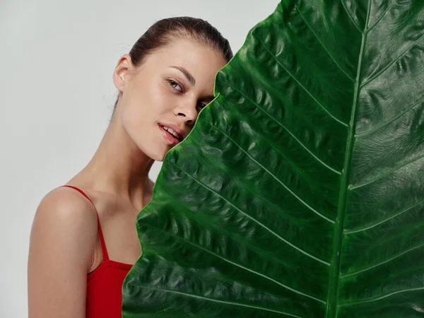 Mujer piel limpia hoja de palma verde modelo de aspecto natural —  Fotos de Stock
