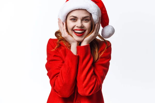 Веселая красивая женщина рождественский костюм Санта модель — стоковое фото