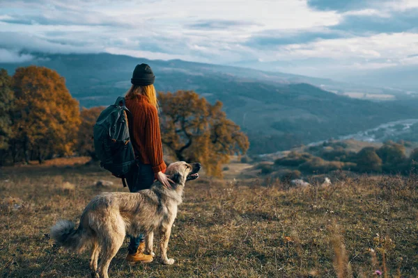 Mujer excursionista paseando el perro en las montañas naturaleza viaje paisaje —  Fotos de Stock