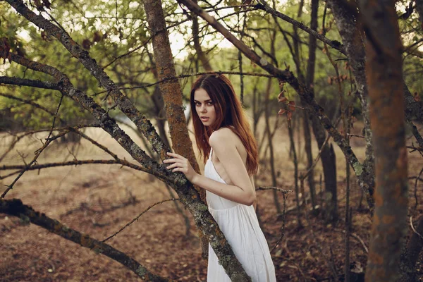 Mulher Bonita Vestido Branco Encostado Uma Árvore — Fotografia de Stock