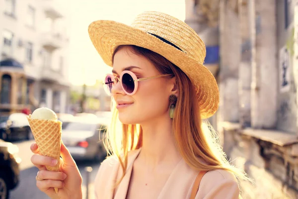beautiful woman outdoor walk eat ice cream walk travel model