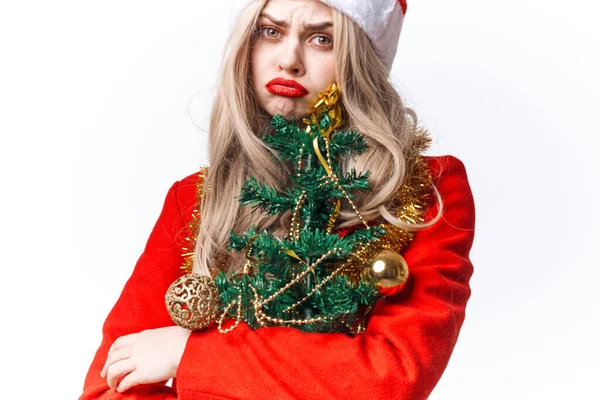 Hezká žena oblečená jako Santa Vánoce dovolená pózování dekorace — Stock fotografie