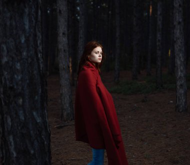 Kızıl ormandaki kızıl saçlı güzel kadın dinleniyor.