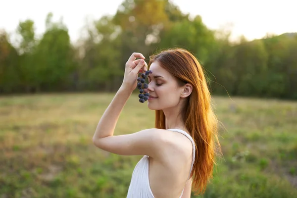 Mujer pelirroja en un vestido blanco en un campo con uvas —  Fotos de Stock