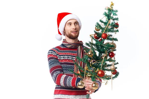 Hombre emocional en Año Nuevo ropa decoración Navidad aislado fondo — Foto de Stock