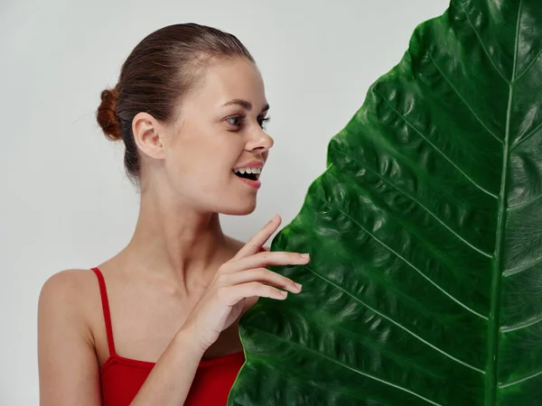 Mujer en traje de baño mirando la piel clara hoja de palma verde —  Fotos de Stock