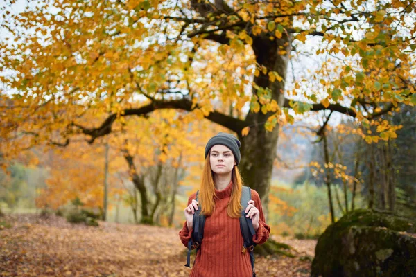 Mujer con una mochila camina en el bosque de otoño hojas amarillas naturaleza — Foto de Stock