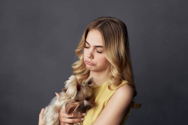 Küçük safkan köpeği olan bir sarışın eğlenceli bir arkadaşlığı oynuyor.