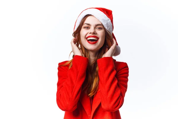 Mujer vistiendo traje de santa navidad emoción posando moda — Foto de Stock