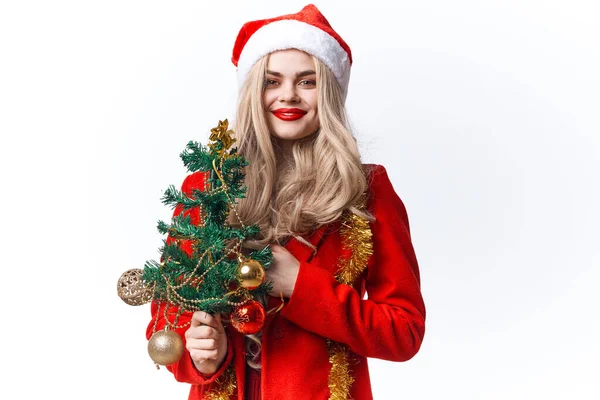 Bonita mulher vestida como santa natal feriado posando decoração — Fotografia de Stock