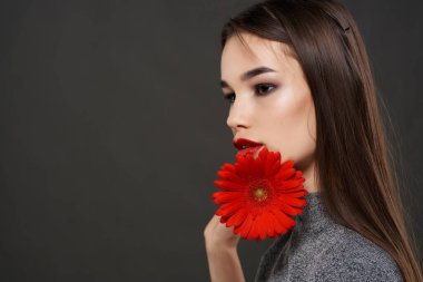 Güzel esmer kırmızı çiçek kozmetik dekorasyon lüksü.