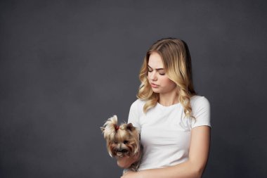 Küçük safkan bir köpeği olan neşeli bir sarışınla arkadaşlık stüdyosunda.