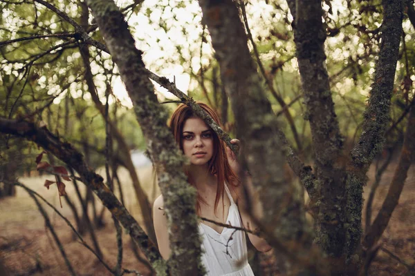 Woman in forest summer white dress nature fresh air — Stock Photo, Image