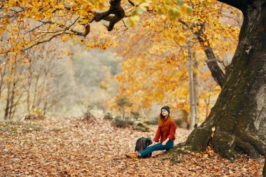 Ormandaki kadın, ağaçların yanında, sarı yapraklar.