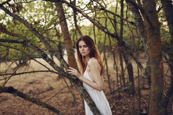 Donna in bianco estate vestire alberi natura viaggi — Foto Stock