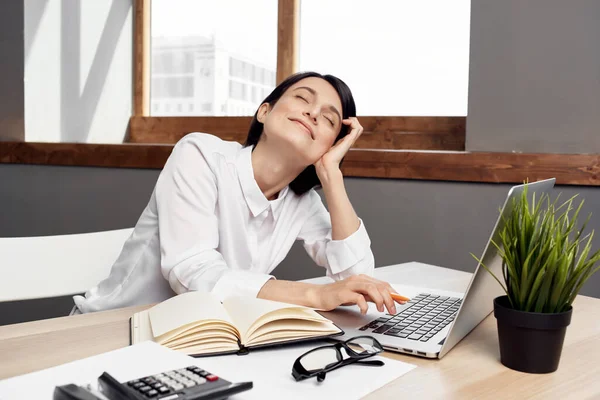 Mujer disfrazada delante de la computadora portátil Secretario ejecutivo Studio Lifestyle —  Fotos de Stock