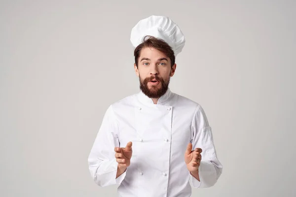 Maschio cuoco lavoro uniforme professione cucina roba posa studio — Foto Stock