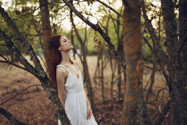 Pretty woman in white dress in the forest near the trees rest. High quality photo