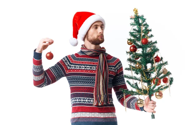 Χαρούμενος άντρας με ένα δέντρο στα χέρια του στολίζει ένα στούντιο γιορτής που ποζάρει. — Φωτογραφία Αρχείου
