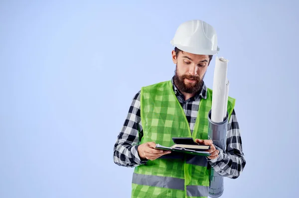 Male builder construction work design profession blue background — Stock Photo, Image