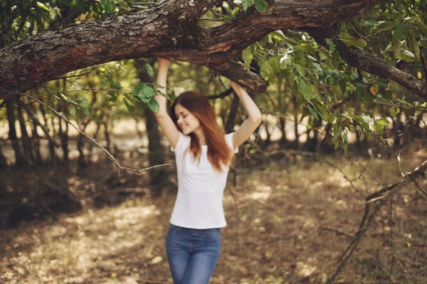 Güzel bir kadın ağacın yanında oturuyor. Temiz hava. — Stok fotoğraf