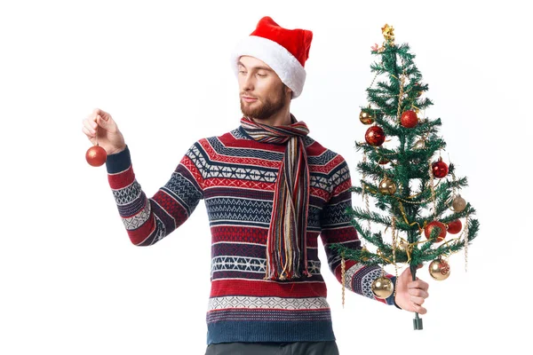 Homem alegre em Ano Novo roupas decoração Natal estúdio posando — Fotografia de Stock