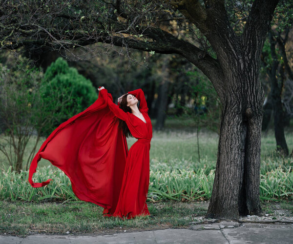 Woman in red dress posing near tree nature fresh air. High quality photo