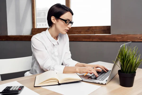 穿着服装的女人在笔记本电脑文档前职业工作室生活方式 — 图库照片