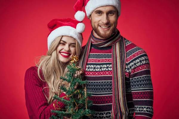 Χαριτωμένο νεαρό ζευγάρι κρατώντας χριστουγεννιάτικο δέντρο παιχνίδια διακόσμηση κόκκινο φόντο — Φωτογραφία Αρχείου