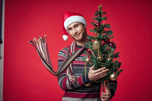 Człowiek z choinką w rękach zabawki dekoracja wakacje nowy rok — Zdjęcie stockowe