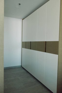 Çağdaş koridorda parlak beyaz dolaplar, geniş depolama dolapları ve sessiz tonlar var. Parlak, düzensiz alan, dizayn basitliği ve işlevsel yaşam alanını vurguluyor