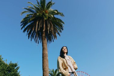 Palmiye ağaçları, parlak gökyüzü ve ılık güneş ışığı ile doğal, rahat bir ruh hali yakalamak, boş zaman ve yaz havası şık bir sokak giysisi anı.