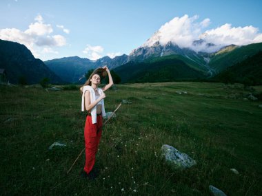 Yaban çiçekleri ve yuvarlanan tepeler arasında bir yürüyüş figürü macera sahnesi, uzak dağlar, sakin bir manzara içinde keşif, doğa ve açık hava seyahatini gösterir