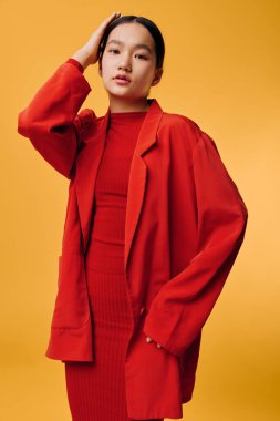 Stüdyoda nötr ifadeli kırmızı katmanlı kıyafetler giyen bir kadın. Portre, modaya uygun kıyafet, minimalizm, pürüzsüz turuncu arkaplan ve modern moda konsepti olan kapalı fotoğraf çekimi.