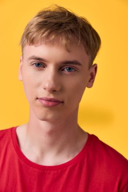 Kırmızı tişörtlü genç adam canlı sarı bir arka plana karşı, temiz ten renkleri ve yaşam tarzı, moda ya da kurumsal markalaşma tasvirleri için yumuşak ışıklandırma sıcak, yaklaşılabilir bir titreşim..