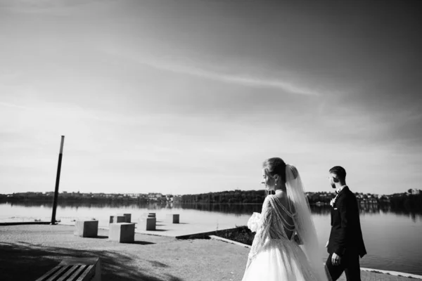신부와 신랑은 근처에서 결혼식 전형적 결혼사진 — 스톡 사진