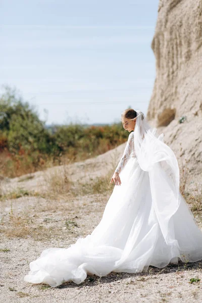 Retrato Uma Noiva Vestido Luxo Perto Das Pedras Dia Casamento — Fotografia de Stock