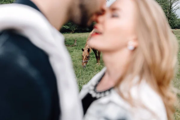 Love Story Kissing Couple Handsome Guy Blonde Girl Walking Grass — Stock Photo, Image