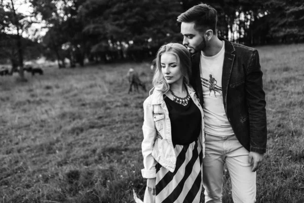 História Amor Beijar Casal Bonito Cara Menina Loira Andando Grama — Fotografia de Stock